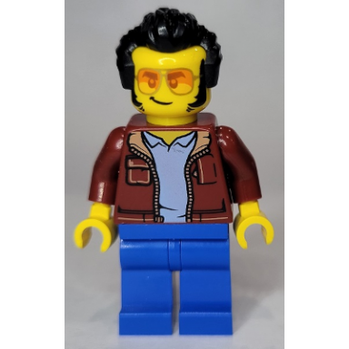 man dark red jacket with bright light blue shirt blue legs black widows peak hair