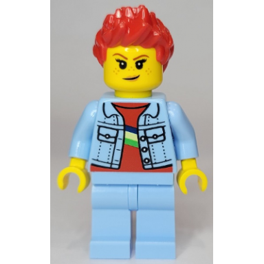 woman bright light blue denim jacket bright light blue legs red spiked hair
