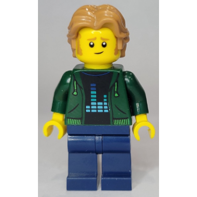 man - dark green hoodie dark blue legs medium nougat wavy hair