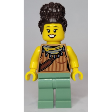 woman medium nougat tank top with reddish brown ribbing and should bag sand green legs dark brown coiled hair in high bun