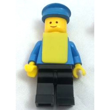 plain blue torso with blue arms black legs blue hat yellow vest