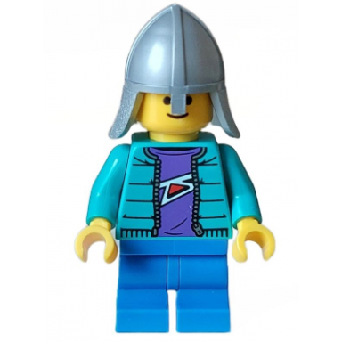 child dark turquoise jacket dark purple shirt blue medium legs flat silver helmet