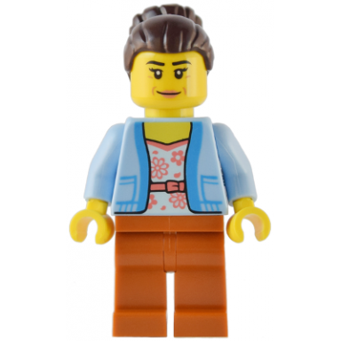 club owner manager - female bright light blue jacket over white shirt with coral flowers dark orange legs dark brown hair with bun