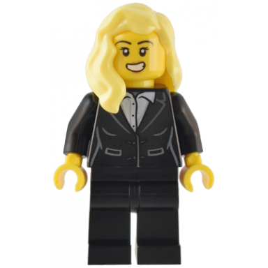 magician - female black suit jacket with white button up shirt black legs bright light yellow hair