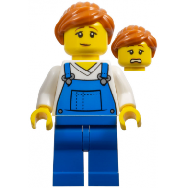 mover - female blue overalls over v-neck shirt blue legs dark orange ponytail