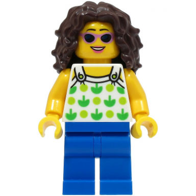 beach tourist - female white halter top with green apples and lime spots blue legs dark brown long tousled hair sunglasses