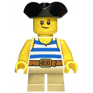 child - boy white tank top with blue stripes tan short legs black tricorne hat freckles