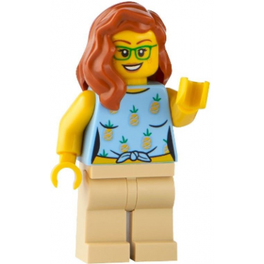 land rover classic defender driver - female bright light blue knotted top with pineapples tan legs dark orange hair green glasses