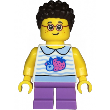 child - girl white collared shirt with fruit medium lavender short legs dark brown short coiled hair glasses freckles