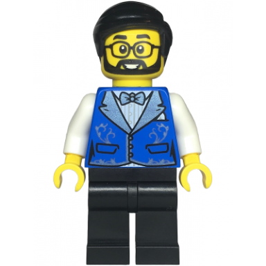 hotel receptionist - male blue vest with metallic light blue lapels black legs black hair beard and glasses