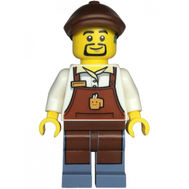 barista - male reddish brown apron with cup and name tag sand blue legs reddish brown flat cap hearing aid