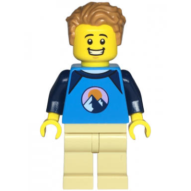 wheelchair user - male dark azure and dark blue shirt with mountains tan legs medium nougat tousled hair