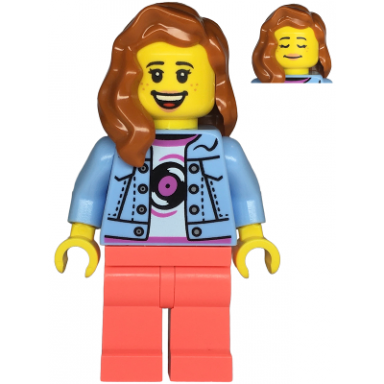 record store clerk - female bright light blue denim jacket coral legs dark orange hair freckles