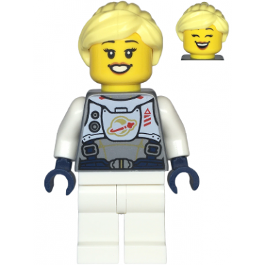 astronaut - female flat silver spacesuit with harness and white panel with classic space logo bright light yellow hair