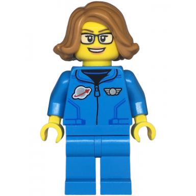 space scientist - female dark azure jumpsuit medium nougat hair glasses open mouth smile