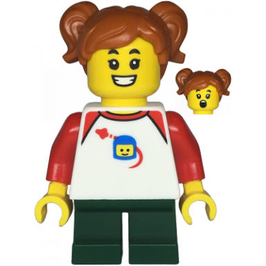 child - girl white classic space shirt with red sleeves dark green short legs dark orange pigtails
