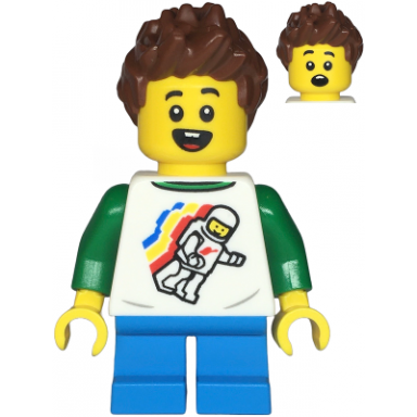 child - boy classic space shirt with minifigure floating and back print dark azure short legs reddish brown spiked hair