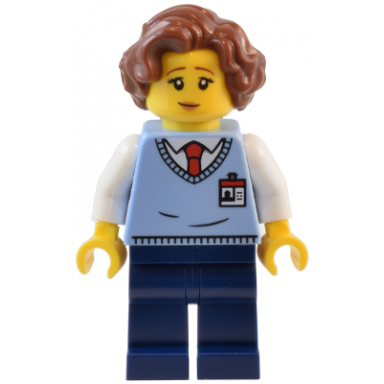natural history museum employee - female bright light blue sweater vest with id badge dark blue legs reddish brown hair