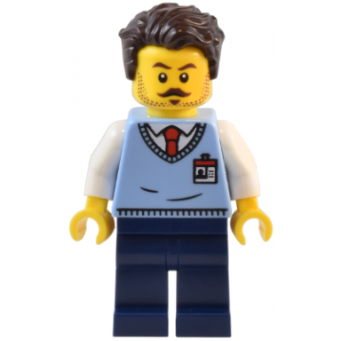 natural history museum employee - male bright light blue sweater vest with id badge dark blue legs dark brown tousled hair