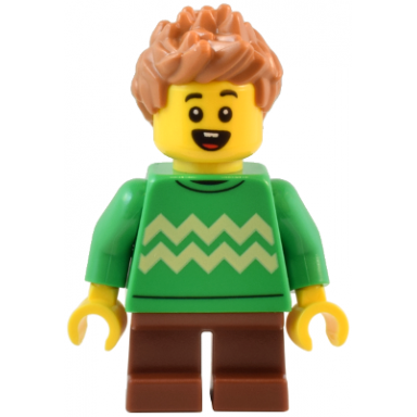 child - boy bright green sweater with bright light yellow zigzag lines reddish brown short legs medium nougat spiked hair
