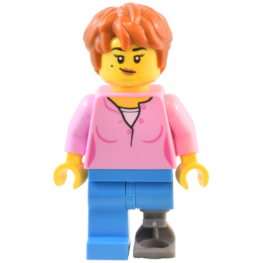 natural history museum visitor - female bright pink shirt dark azure legs with prosthetic leg dark orange thick messy hair