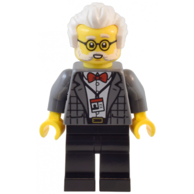 natural history museum curator - male dark bluish gray plaid jacket with red bow tie black legs white hair glasses