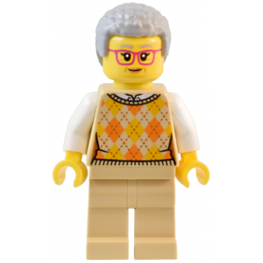 natural history museum visitor - female tan knit argyle sweater vest tan legs light bluish gray coiled hair glasses
