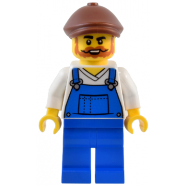 natural history museum window washer - male blue overalls over v-neck shirt blue legs reddish brown flat cap beard