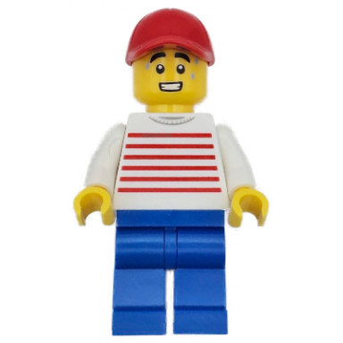 retro food truck vendor - male white sweater with red horizontal stripes blue legs red cap sweat drops