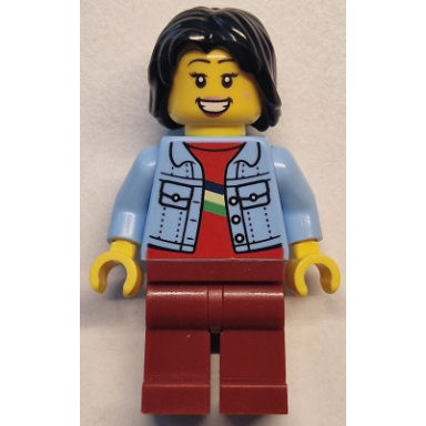 woman - bright light blue denim jacket dark red legs black mid-length tousled hair