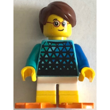 child - boy medium azure top with triangles white short legs with yellow feet reddish brown hair orange flippers