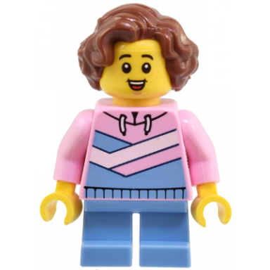 child - girl bright pink hoodie with medium blue and white diagonal stripes medium blue short legs reddish brown wavy hair