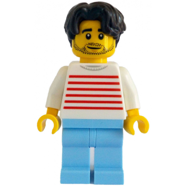 modern house resident - male white sweater with red horizontal stripes bright light blue legs dark brown hair wavy