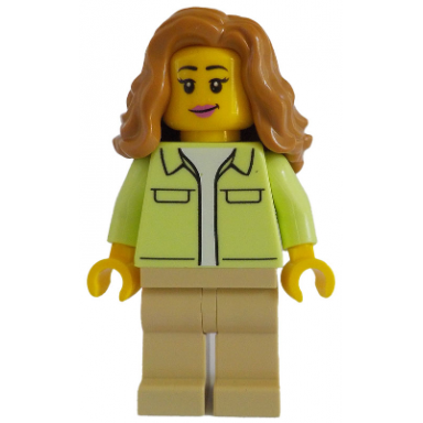 modern house resident - female yellowish green jacket over white shirt tan legs medium nougat hair wavy