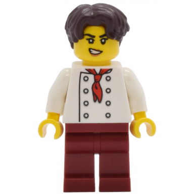 tudor house chef - white torso with 8 buttons dark red legs dark brown hair wavy