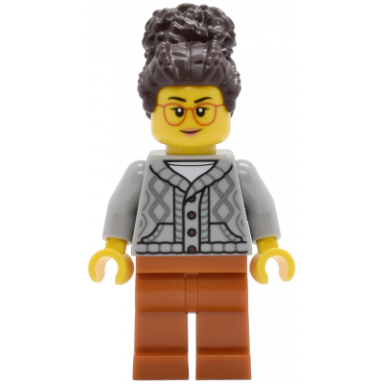 tudor house inn owner - light bluish gray knit cable cardigan sweater dark orange legs dark brown coiled hair with bun