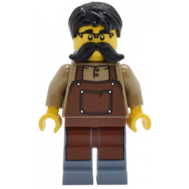 tudor house clockmaker - dark tan shirt with reddish brown apron sand blue legs black hair and moustache