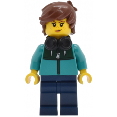 tudor house resident - dark turquoise jacket with dark green panel dark blue legs reddish brown hair tousled black headphones