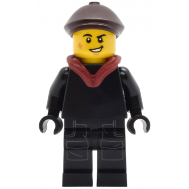 tudor house chimney sweep - black torso and legs with dark bluish gray pockets dark brown flat cap dark red hood folded down