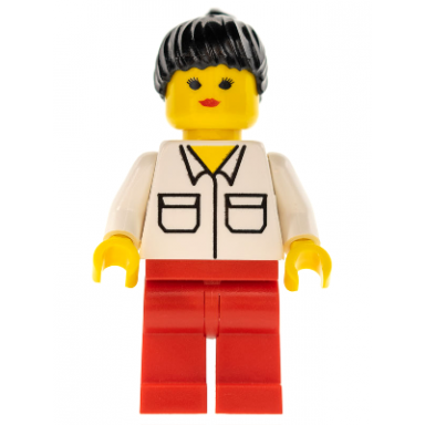 shirt with 2 pockets red legs black ponytail hair