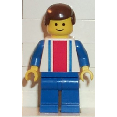 vertical lines red blue - blue arms - blue legs brown male hair