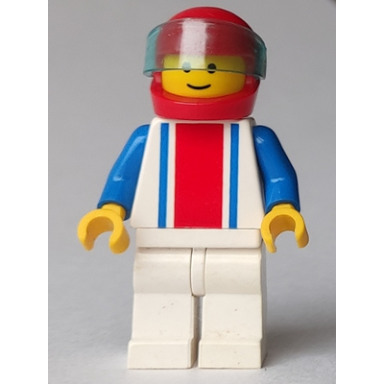vertical lines red blue - blue arms - white legs red helmet trans-light blue visor