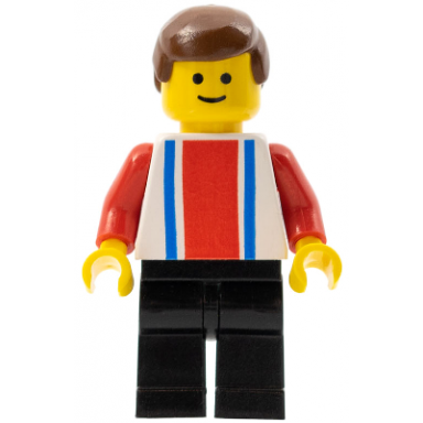 vertical lines red blue - red arms - black legs brown male hair