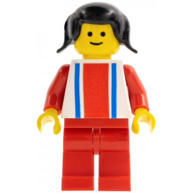 vertical lines red blue - red arms - red legs black pigtails hair