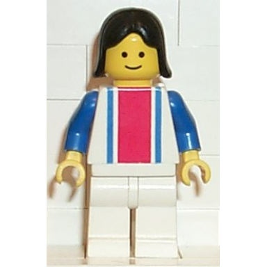 vertical lines red blue - blue arms - white legs black female hair