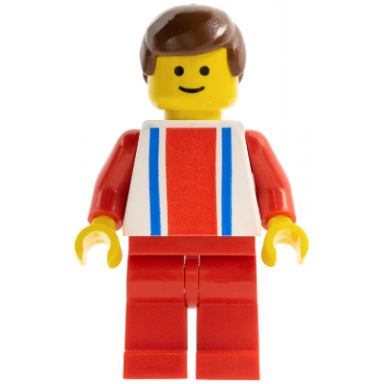 vertical lines red blue - red arms - red legs brown male hair