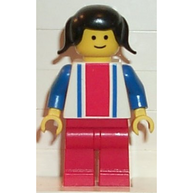 vertical lines red blue - blue arms - red legs black pigtails hair