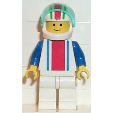 vertical lines red blue - blue arms - white legs white red green striped helmet trans-light blue visor
