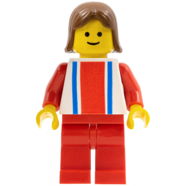 vertical lines red blue - red arms - red legs brown female hair