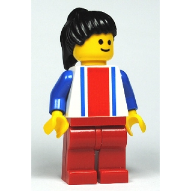 vertical lines red blue - blue arms - red legs black ponytail hair